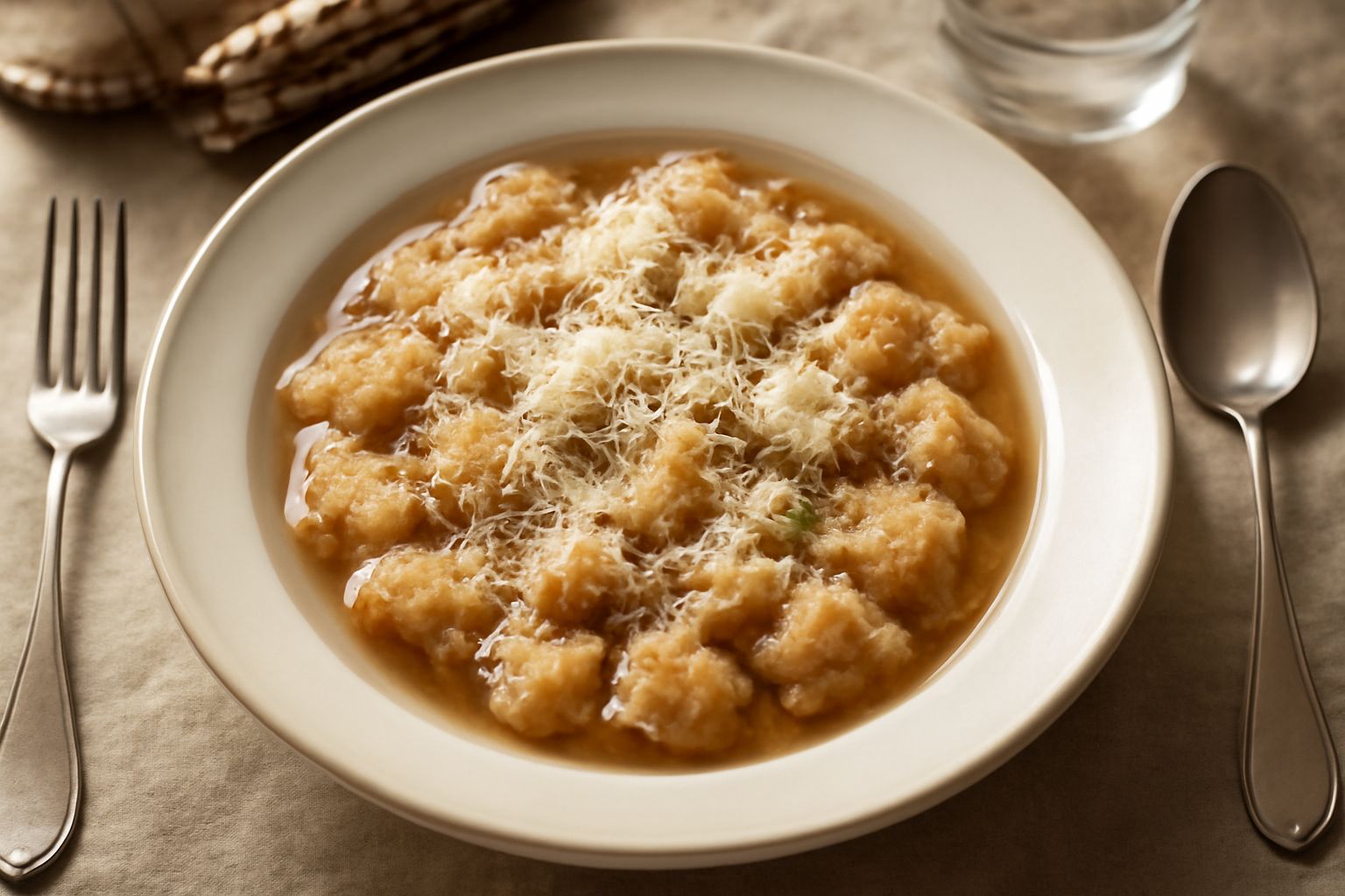 Una ciotola di pane raffermo ripassato in brodo caldo, con pezzi di pane ammorbiditi, brodo trasparente color ambra, grana di formaggio grattugiato sulla superficie, prezzemolo fresco verde scuro, ser
