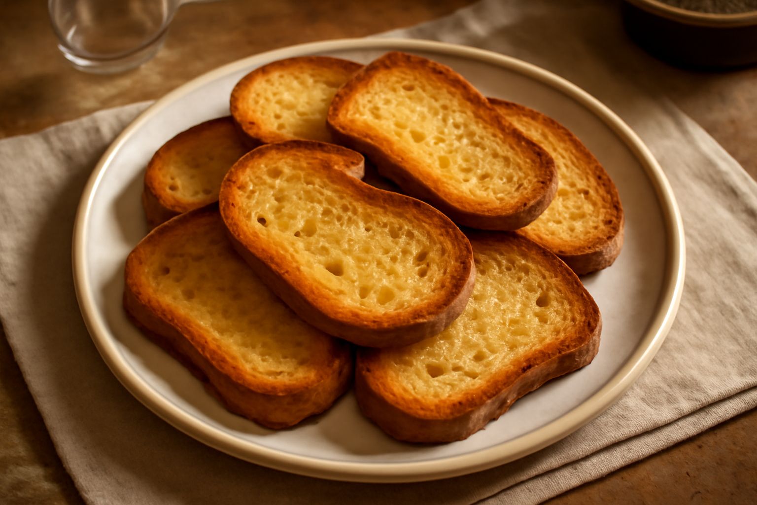 Fette di pane tostato dorate e croccanti disposte su un piatto bianco, con i bordi leggermente anneriti e la superficie brillante