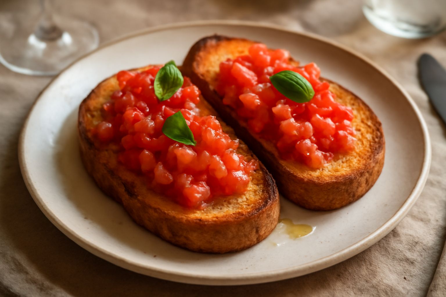 Fette di pane tostato dorato, croccanti ai bordi, ricoperte di pomodoro rosso fresco tritato, olio d'oliva lucido e basilico verde su un piatto bianco