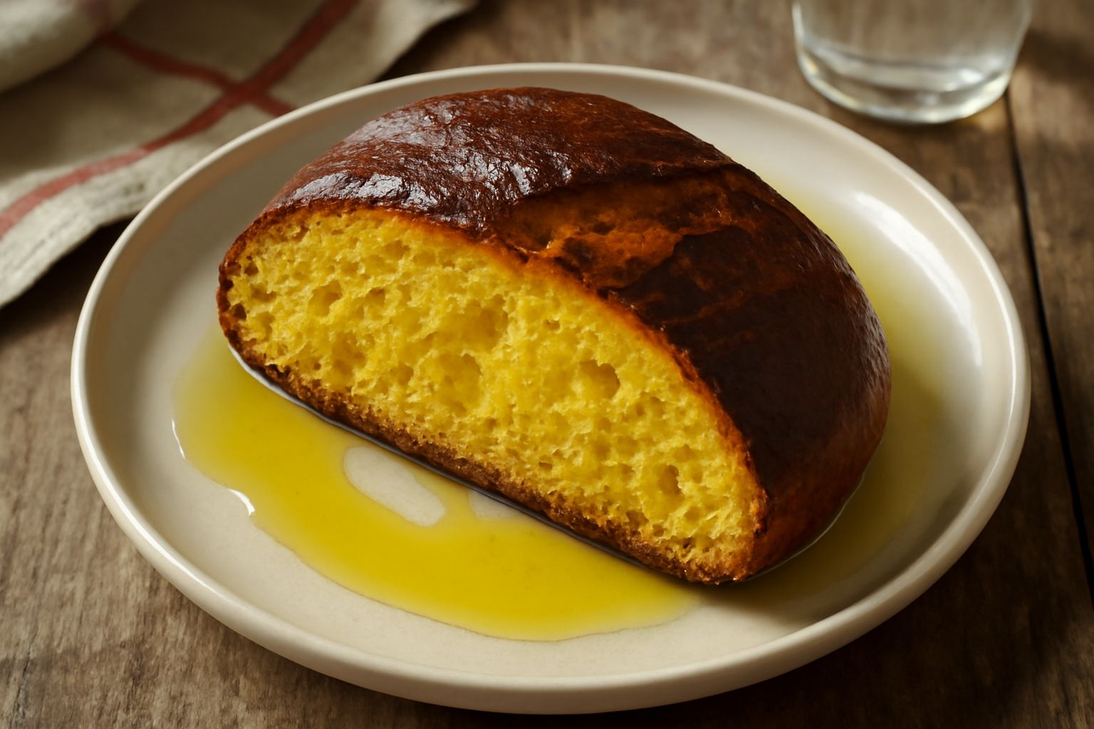 Pane di semola a fette, con crosta dorata e croccante, mollica giallo intenso, disposto su tavolo di legno con un coltello accanto