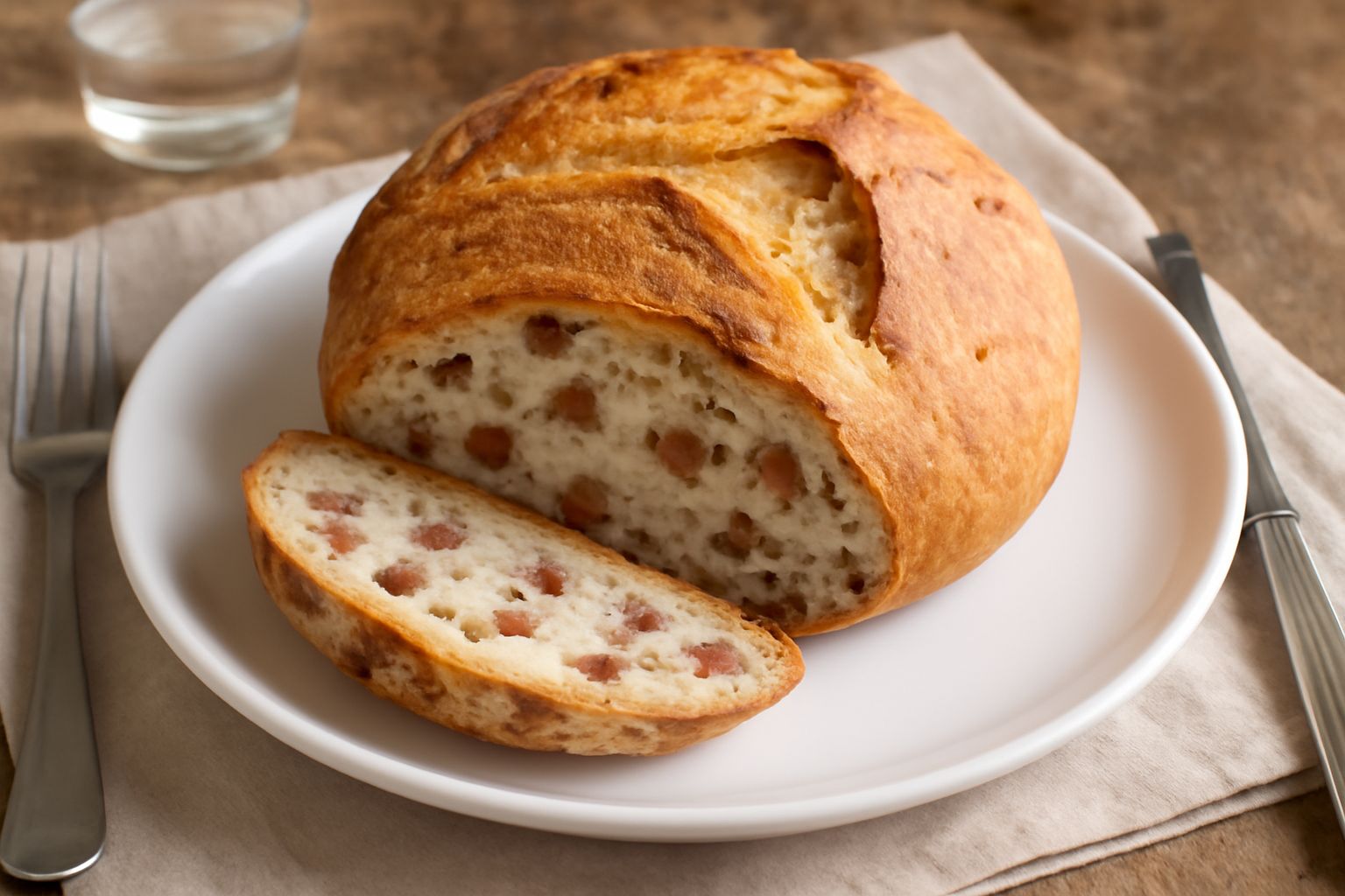 Pane tondo e dorato con crosta croccante spaccato a metà, che mostra all'interno i ciccioli di maiale bianchi e croccanti sparsi nell'impasto beige