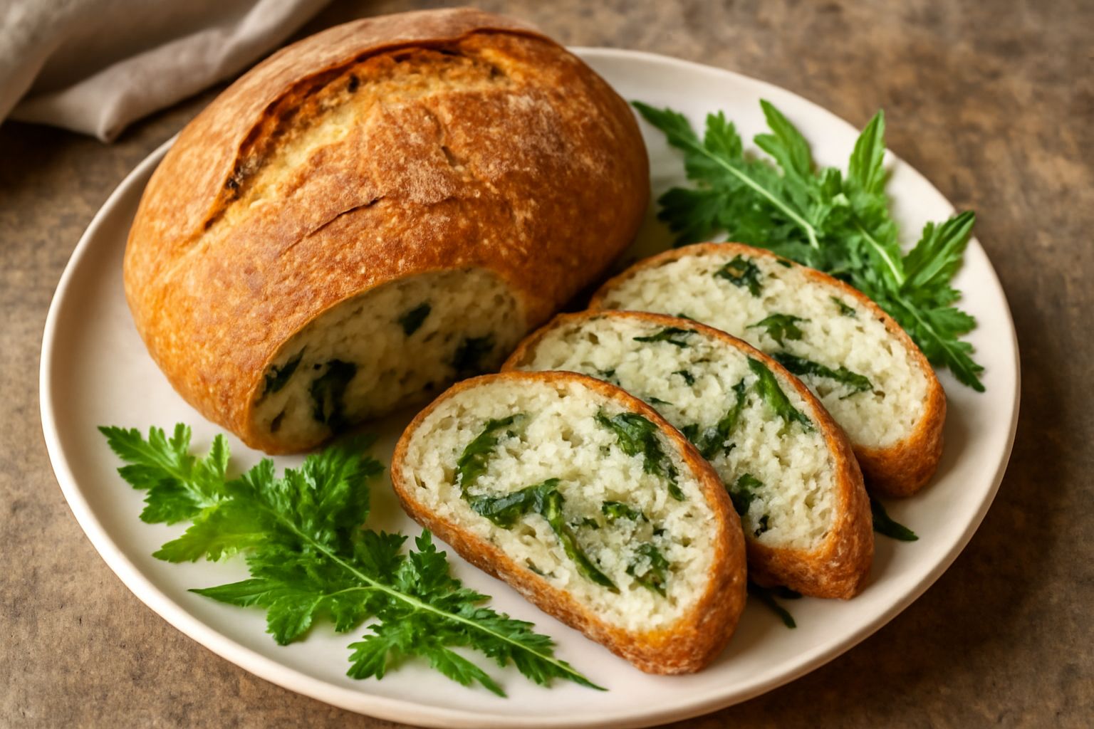 Pane rotondo ripieno tagliato a metà, mostra un interno morbido di colore panna con striature verdi di verdure selvatiche, crosta dorata e leggermente screpolata, posato su carta bianca con foglie di 