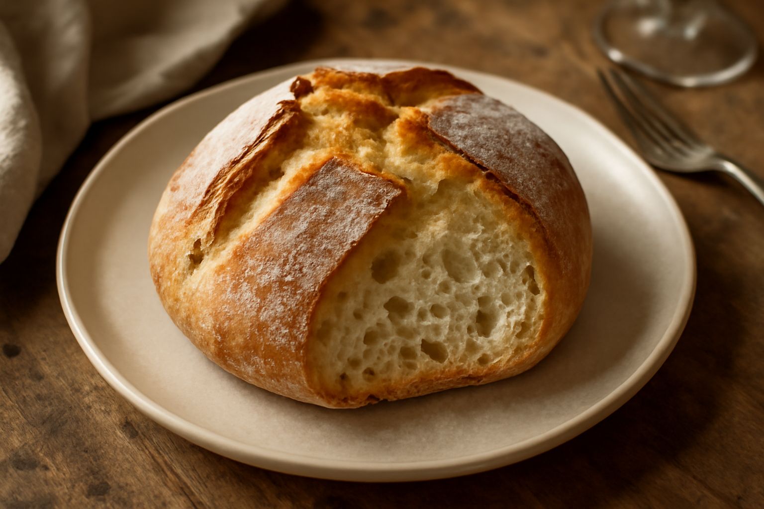 Pane rustico appena sfornato con crosta dorata e screpolature naturali, tagliato a metà per mostrare la mollica alveolata e morbida di colore panna, su un tavolo di legno con grani di sale sparsi