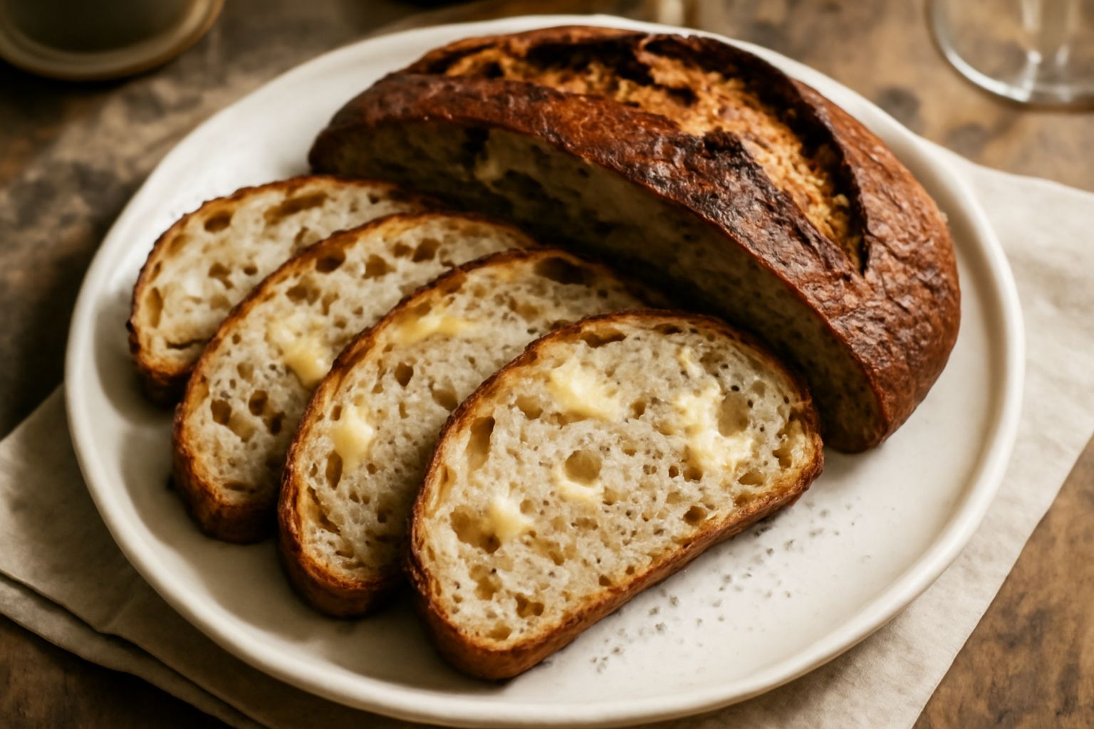 Pane rustico appena sfornato con crosta marrone scuro e dorata, tagliato a metà mostrando l'interno morbido con scaglie di formaggio fuso e visibili grani di pepe nero, posato su un canovaccio beige