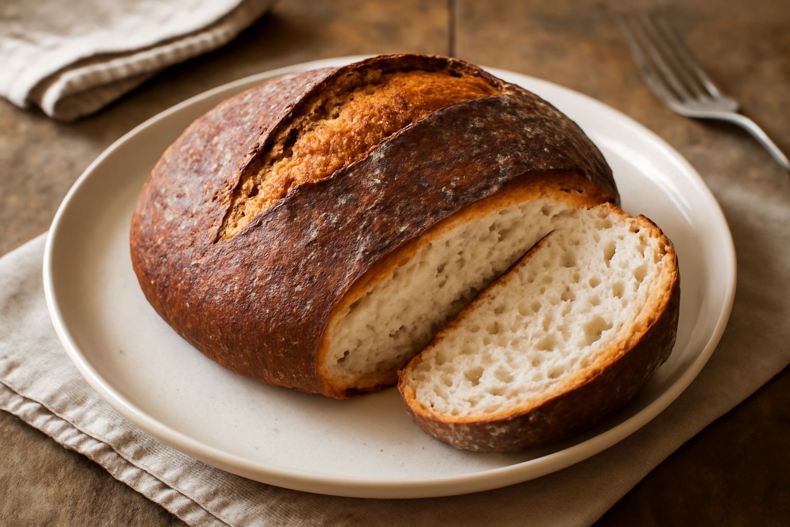 Pane rustico vicentino a fette su tavola di legno scuro, crosta marrone scuro e croccante, mollica color crema con bolle irregolari visibili, intero accanto ancora caldo, vapore leggero sullo sfondo