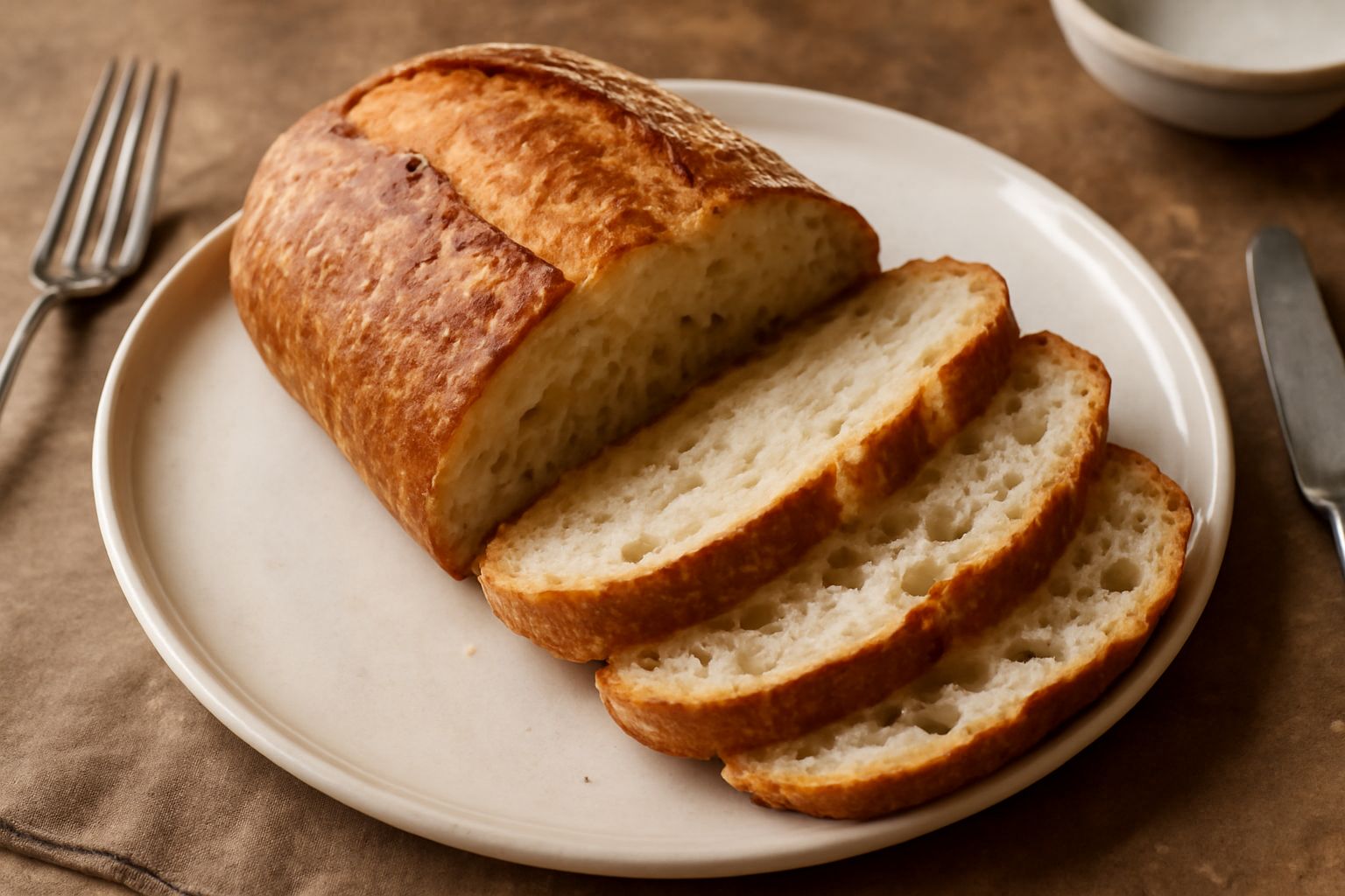 Pane salato intero dorato con crosta croccante e screpolature, tagliato a metà su una tavola di legno, con mollica bianca e alveolata visibile all'interno