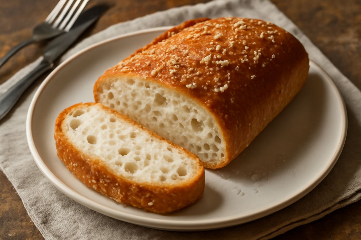 Pane salato aquilano appena sfornato, con crosta dorata e brillante, grani di sale grosso visibili sulla superficie, spezzato in due per mostrare l'interno poroso e bianco, poggiato su carta da forno