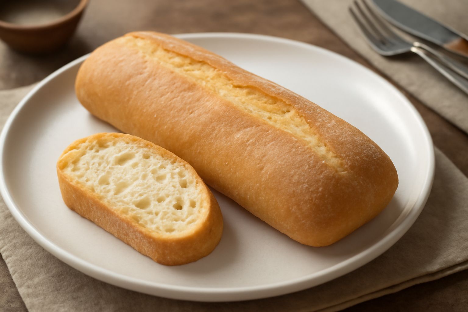 Pagnotta di pane salato veneto color dorato uniforme, con crosta sottile e leggere screpolature, tagliata a metà mostrando interno friabile e alveolatura regolare, su superficie di legno scuro con un 