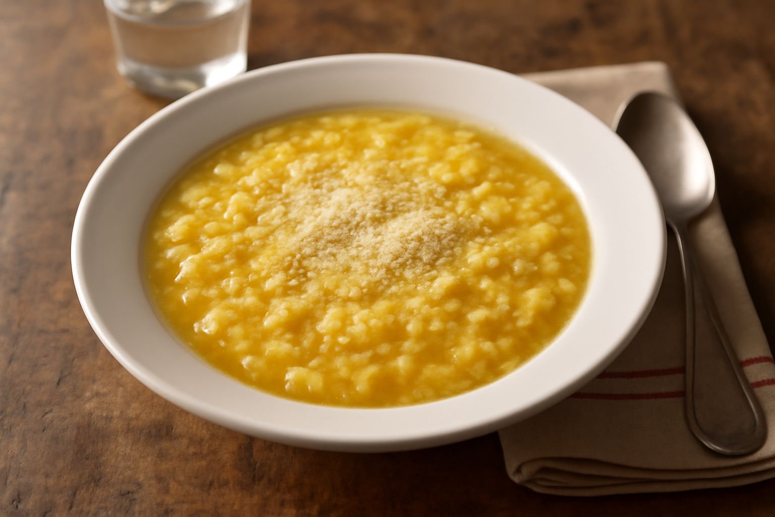 Ciotola bianca con pane sbriciolato immerso in brodo caldo e trasparente, guarnito con prezzemolo fresco e grana grattugiato, con cucchiaio di legno appoggiato al bordo