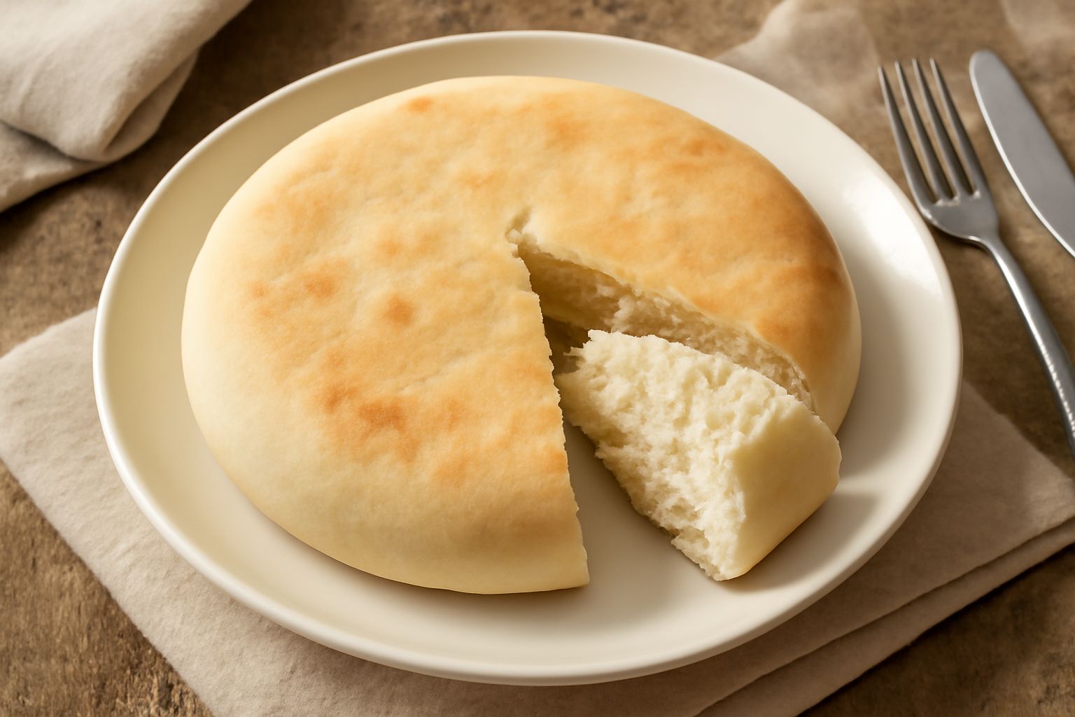 Pane sciancato rotondo appena sfornato, crosta dorata e leggera, tagliato a metà mostrando la mollica bianca e compatta, poggiato su un canovaccio di lino bianco