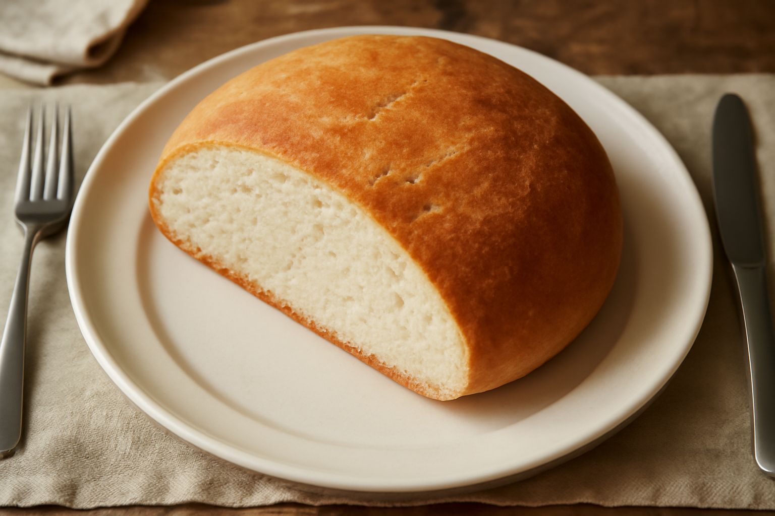 Una pagnotta di pane sciocco toscano appena sfornata, dorata e croccante in superficie, tagliata a metà per mostrare l'interno bianco e gommoso, poggiata su una tavola di legno rustico