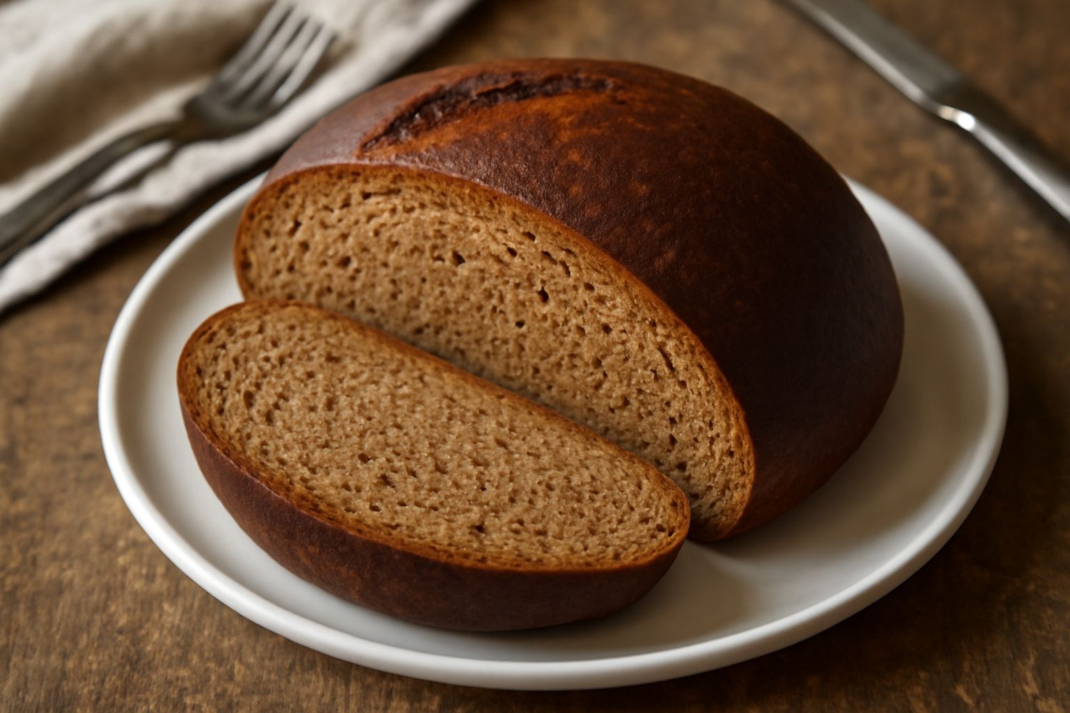 Pane scuro dal colore marrone intenso, tagliato a metà su un tagliere di legno. La mollica è visibile, compatta e densa con alveoli piccoli e regolari. La crosta è liscia e lucida, leggermente screpol