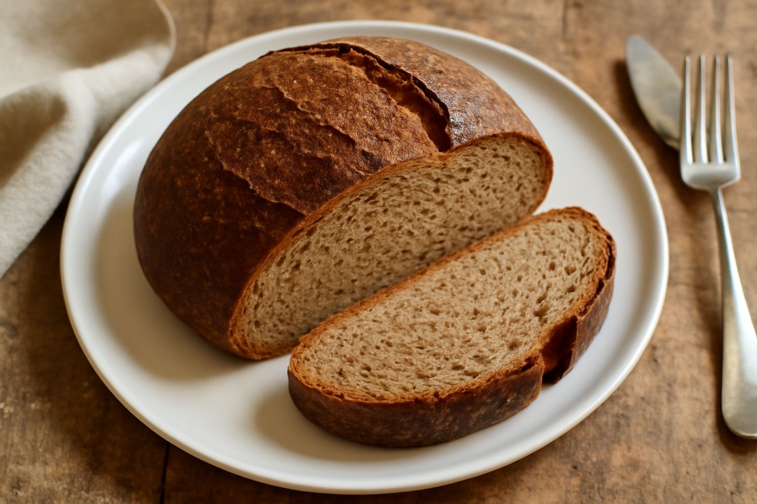 Pane rotondo di colore bruno scuro con crosta croccante, tagliato a fette, mostra una mollica densa e omogenea di colore marrone chiaro, posato su una tavola di legno con alcuni chicchi di grano accan