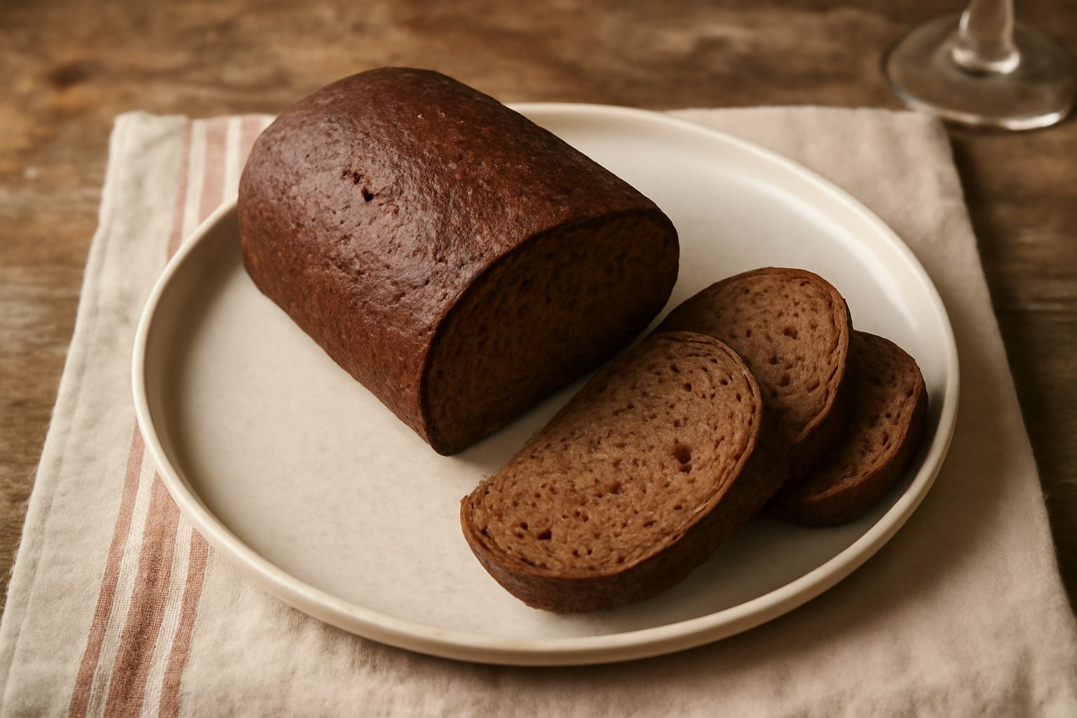 Pane rotondo di colore marrone scuro con crosta spessa e rugosa, tagliato a metà mostrando una mollica densa color nocciola con piccoli alveoli irregolari, posato su una tavola di legno