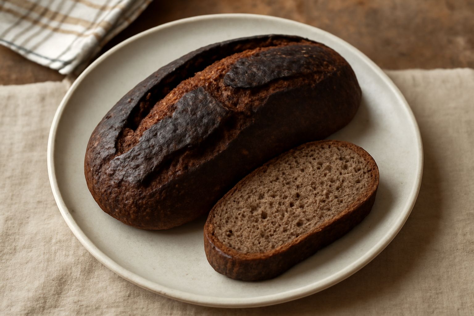 Pane scuro mantovano appena sfornato, con crosta marrone scura e screpolature naturali, tagliato a metà per mostrare l'interno grigio-marrone compatto e il profilo della mollica di segale