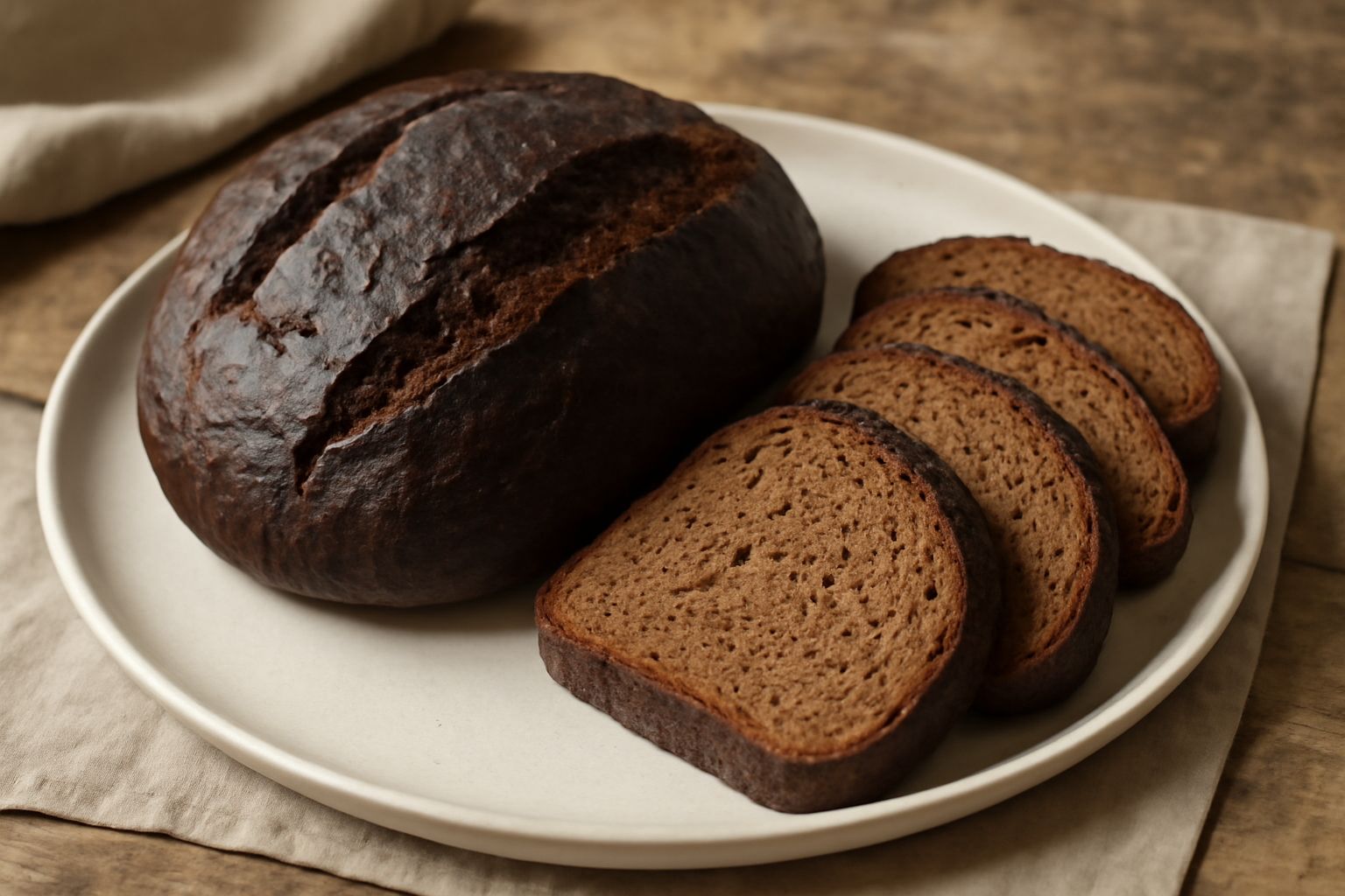 Una fetta di pane scuro piemontese su un piatto bianco, crosta marrone scuro con crepe, mollica densa color nocciola, contorno di grano e una piccola ciotola con olio d'oliva