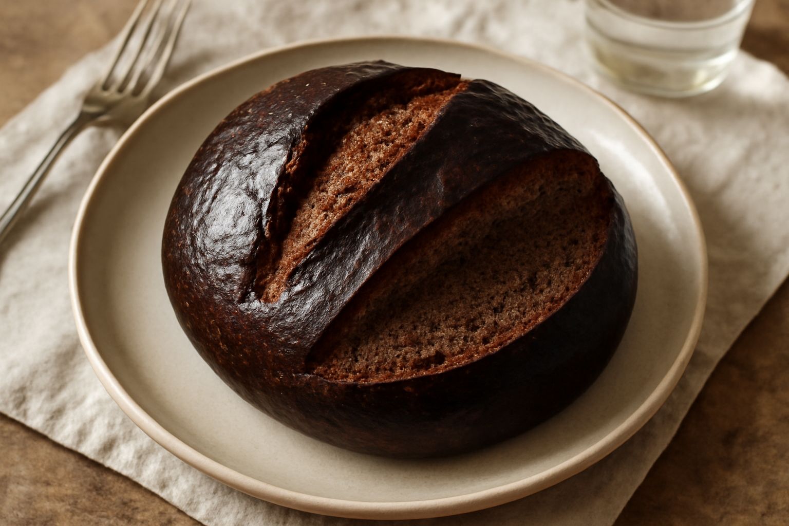 Pane scuro rietino appena sfornato, tagliato a fette, con crosta marrone scuro e crumb denso e scuro, su una tavola di legno con grano sparse intorno