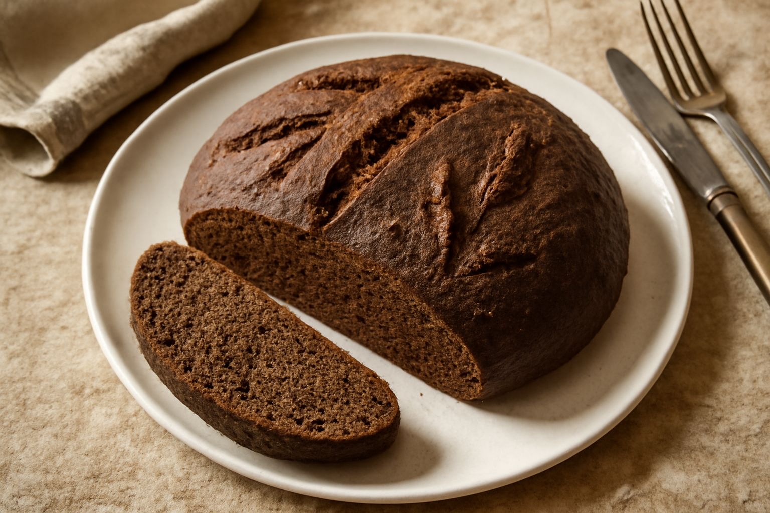 Pagnotta di pane scuro con crosta rugosa e marrone intenso, affettata, che mostra l'interno denso e poroso di colore marrone scuro, posata su tela di lino beige con chicchi di segale sparsi