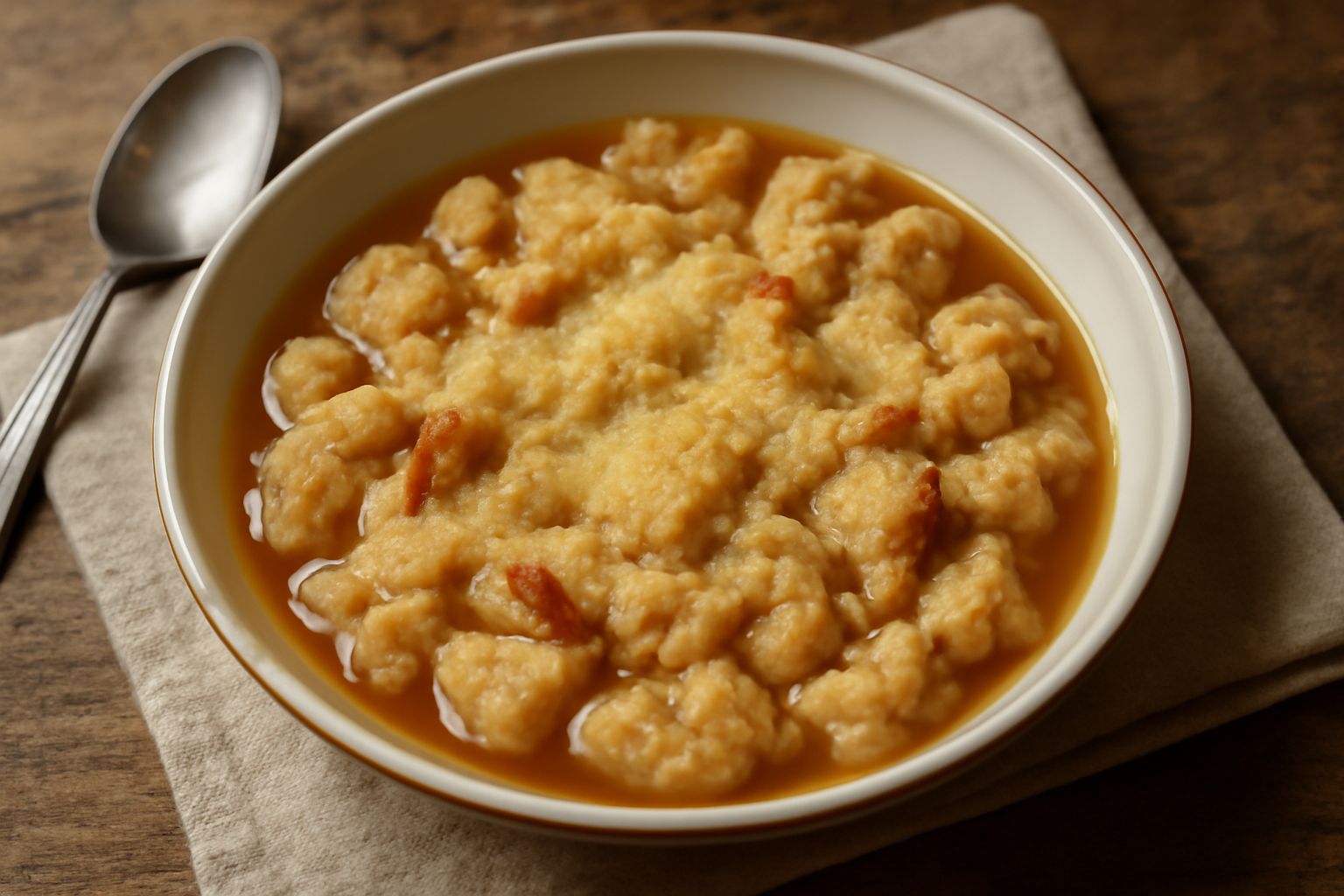 Una ciotola bianca con pane secco ammollato nel brodo caldo, con una cucchiaiata di brodo che versa, accompagnato da formaggio grattugiato e parmigiano, su un tavolo di legno naturale