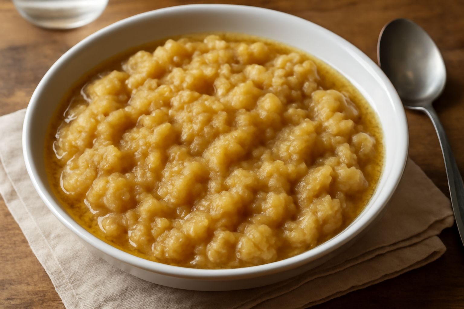 Una ciotola bianca con pane secco bollito ridotto in pappa dorata, con brodo trasparente che bagna i frammenti, guarnito con un filo di olio e una foglia di prezzemolo fresco