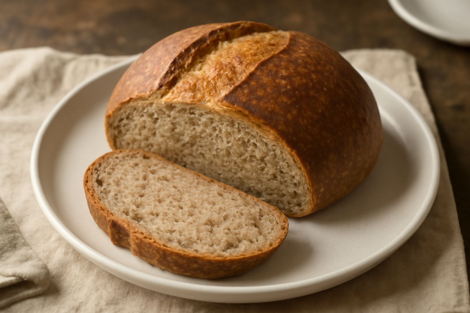 Pane semintegrale appena sfornato, con crosta dorata e screpolata, tagliato a fette mostrando la mollica marrone chiaro e uniforme, posato su un tavolo di legno naturale con spighe di grano intorno