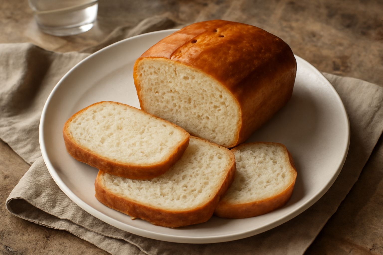 Pane senza glutine a fette su un tagliere di legno, crosta dorata e uniforme, mollica visibilmente soffice e leggera di colore chiaro, con un coltello serrato a lato