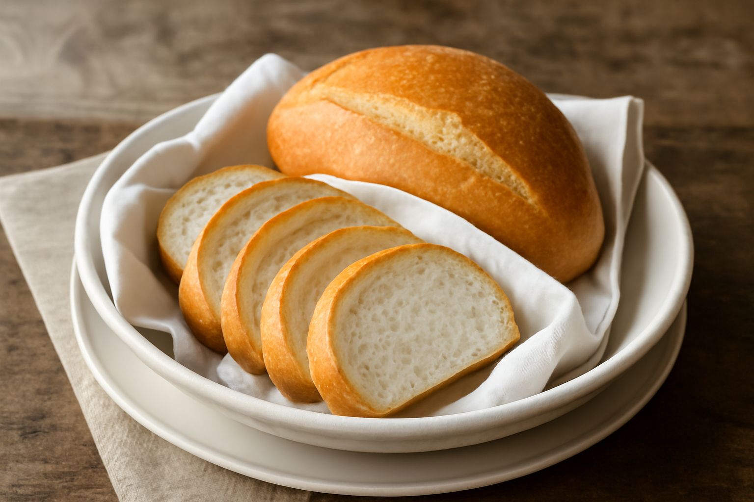 Pane senza sale tagliato in fette su un tavolo di legno, con crosta dorata e uniforme, miga bianca e soffice, fianco a un coltello di pane