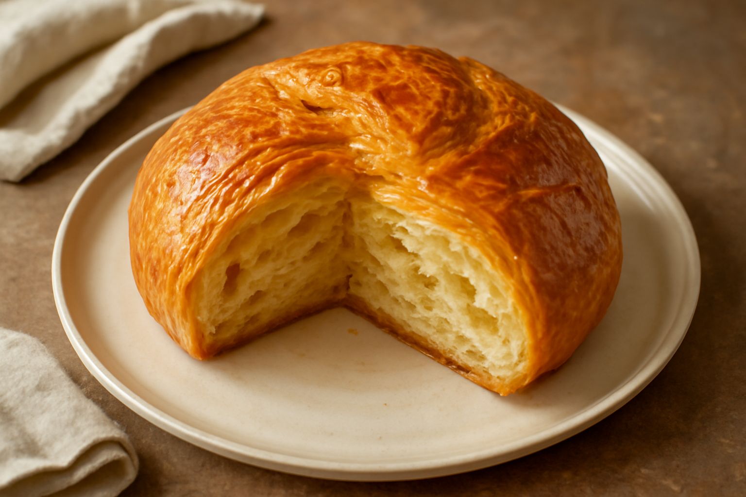 Pane sfoglia dorato e croccante appena sfornato, con strati ben definiti visibili dal taglio trasversale, servito su una tavola di legno con granelli di sale grosso