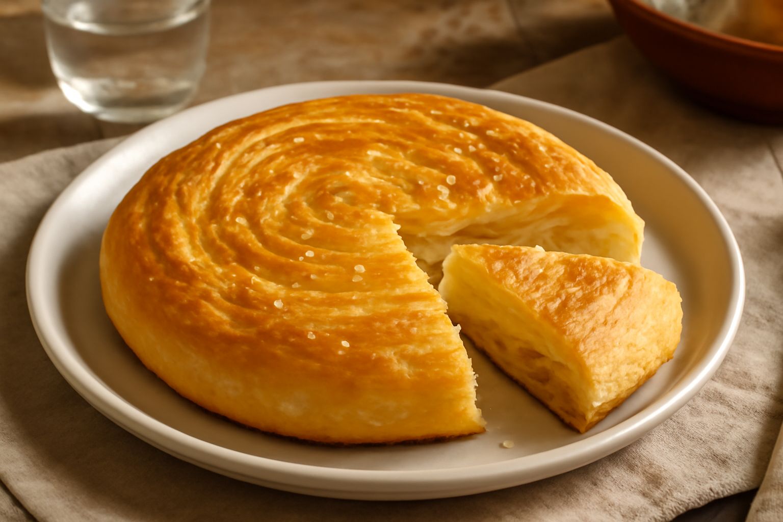 Pane sfoglia calabrese dorato e sfogliato su un piatto bianco, cosparso di sale grosso, con una leggera brina di olio di oliva in superficie e sfondo di tavolo in legno rustico