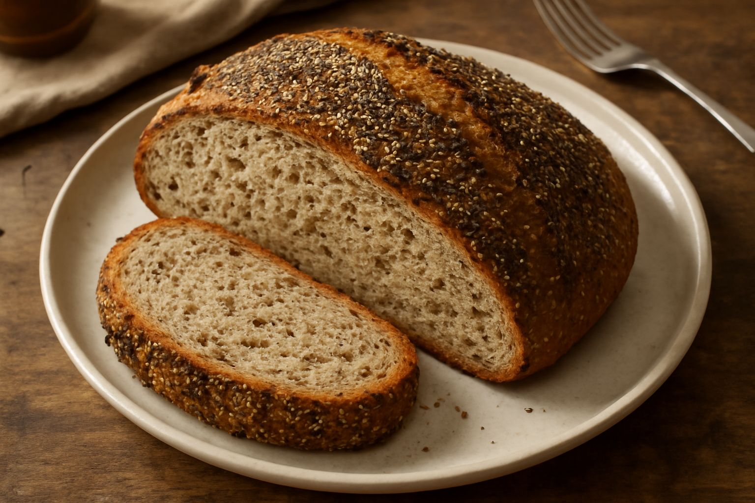Una pagnotta di pane speziato color marrone dorato, con semi di sesamo e papavero sulla crosta, tagliata a metà che mostra l'interno morbido e le spezie distribuite uniformemente, servita su un piatto