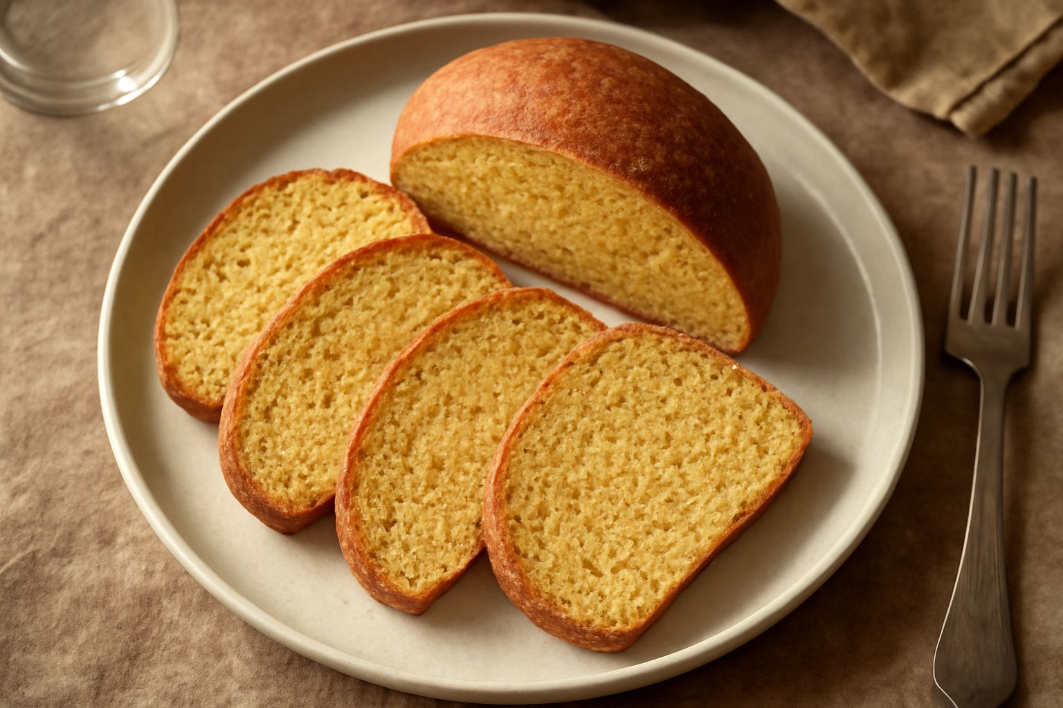 Pane spezziato tagliato a fette su tagliere di legno, colore dorato, miga giallo-beige visibile nella sezione tagliata, superficie leggermente irregolare, con chicchi di mais intero sparsi sulla sommi
