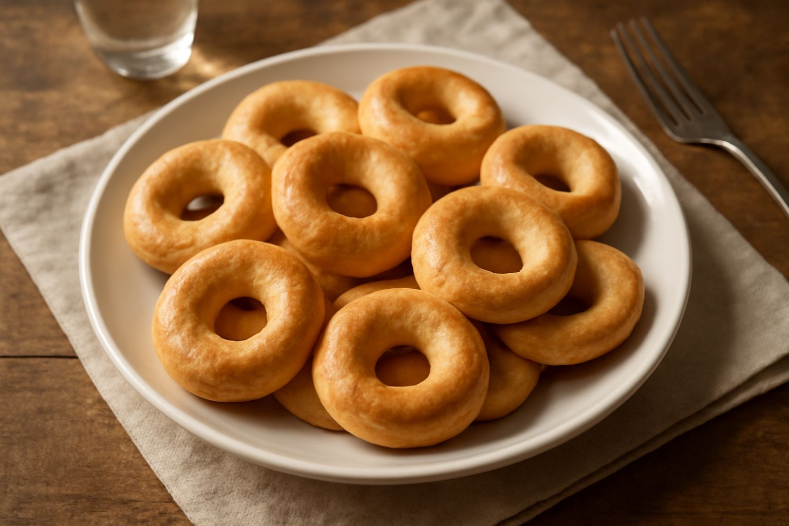 Taralli color dorato disposti su un piatto bianco, con forme circolari e bucherellate, superficie croccante e lucida, fondo sfocato di cucina moderna