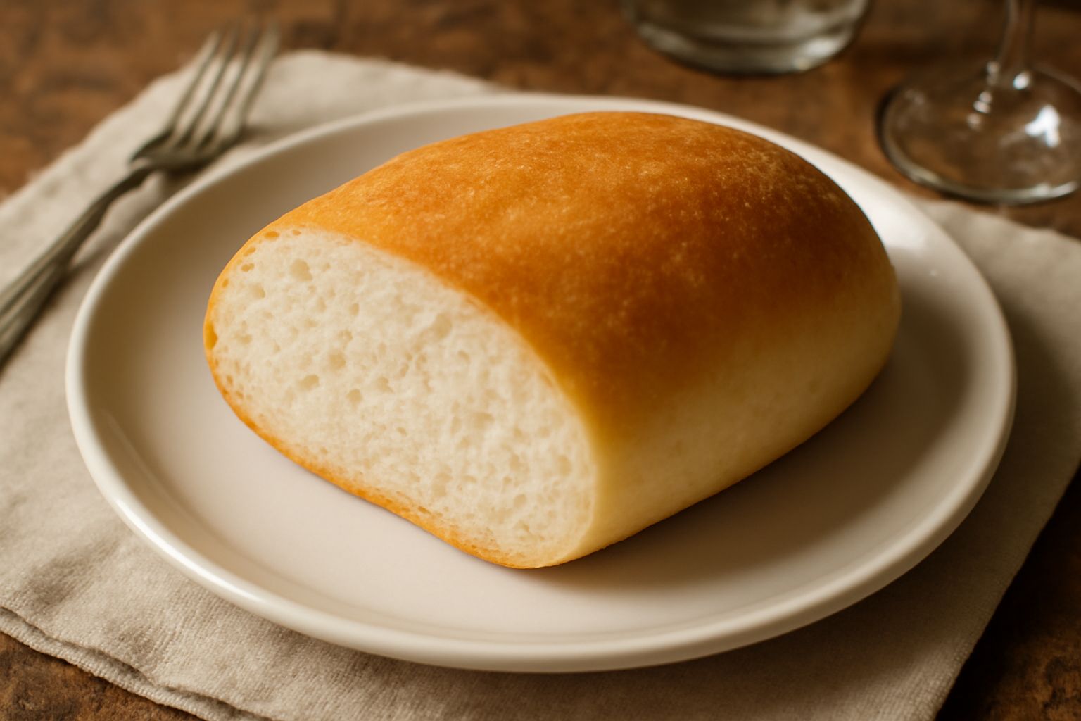 Pane tenerino appena sfornato, pane di forma ovale con crosta dorata leggera, taglio in primo piano che mostra l'interno bianco e alveolato, posato su un tavolo di legno con un panno di lino