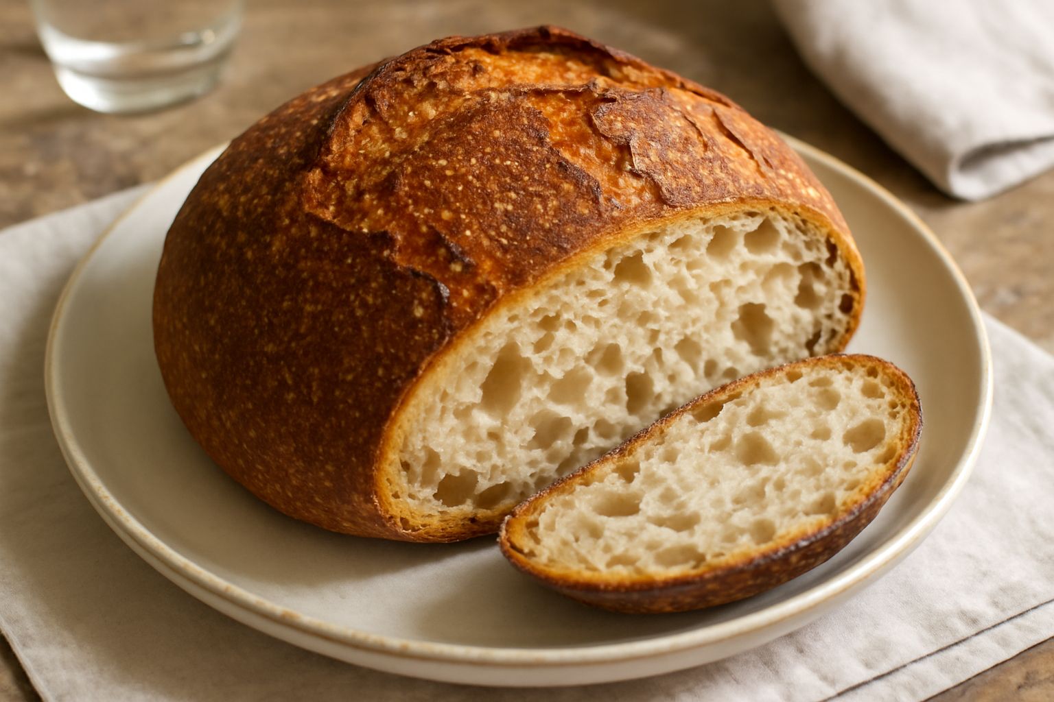 Pane tinutu appena sfornato con crosta dorata e croccante, tagliato in fette, vapor ancora visibile sulla superficie, su tavolo di legno con grano sparse intorno