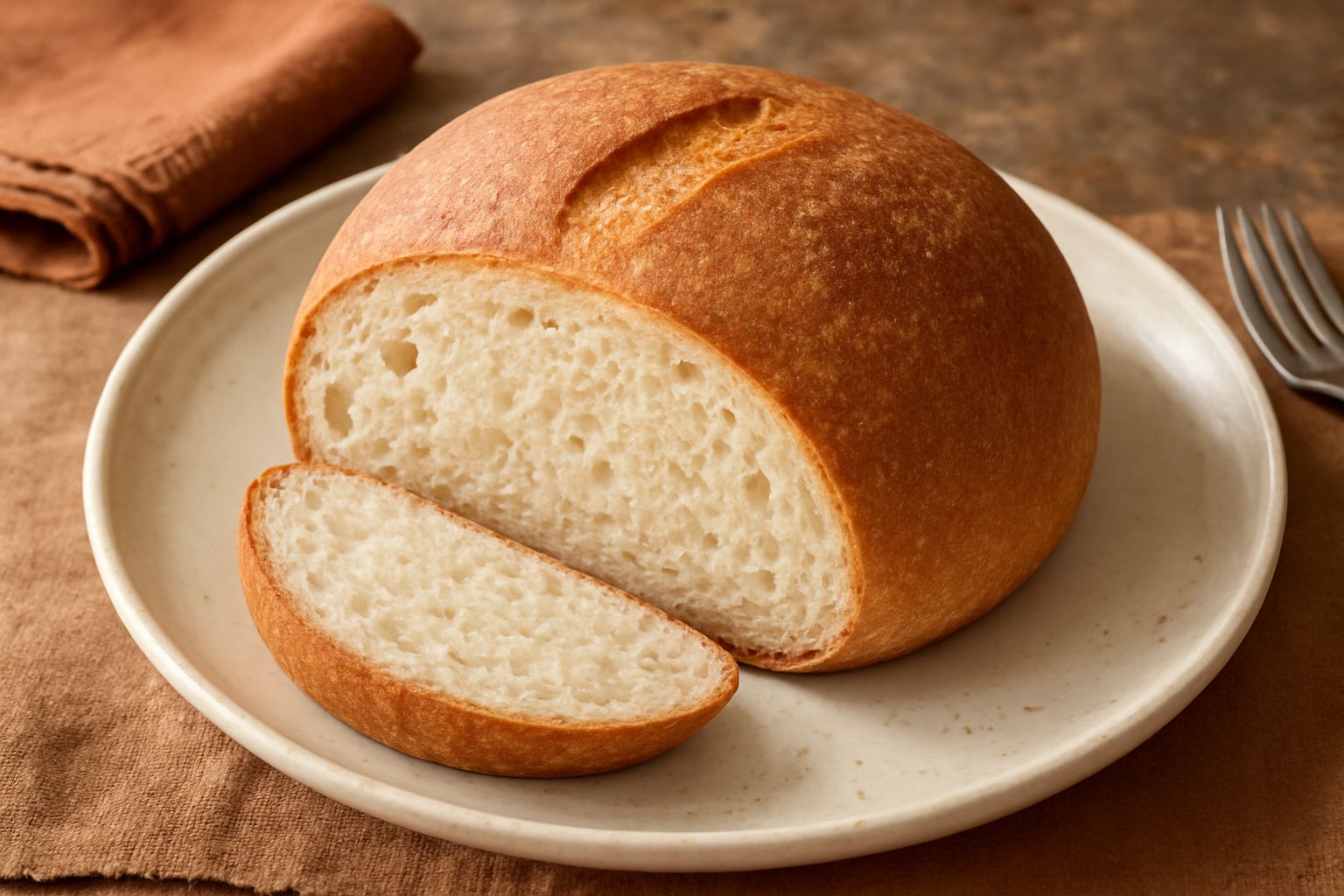 Pane tipo Brescia con forma tonda schiacciata, crosta marrone dorata, poggiato su un tavolo di legno con alcune briciole di miga bianca visibile al taglio