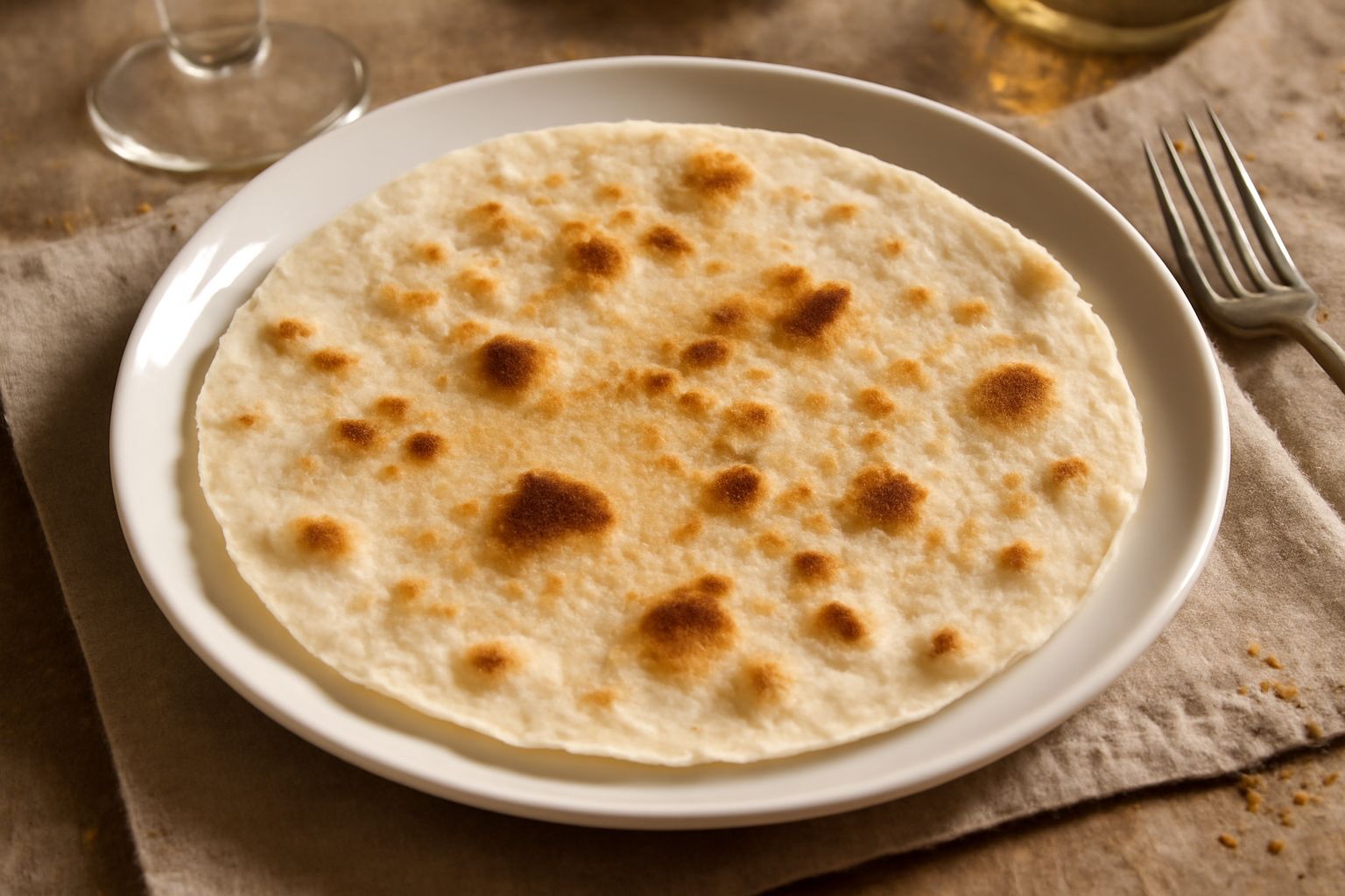 Pane tipo carta dorato e croccante posato su una superficie grigia, trasparente ai bordi, con leggere macchie bruno-dorate di cottura, spessore di pochi millimetri