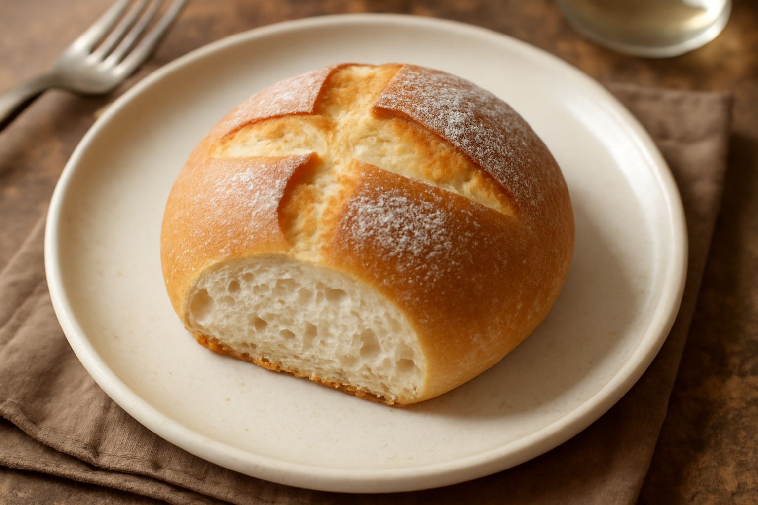 Pane rotondo di media grandezza con crosta dorata sottile e leggera, mollica visibile e soffice nel taglio, appoggiato su una tavola di legno con una mela verde accanto