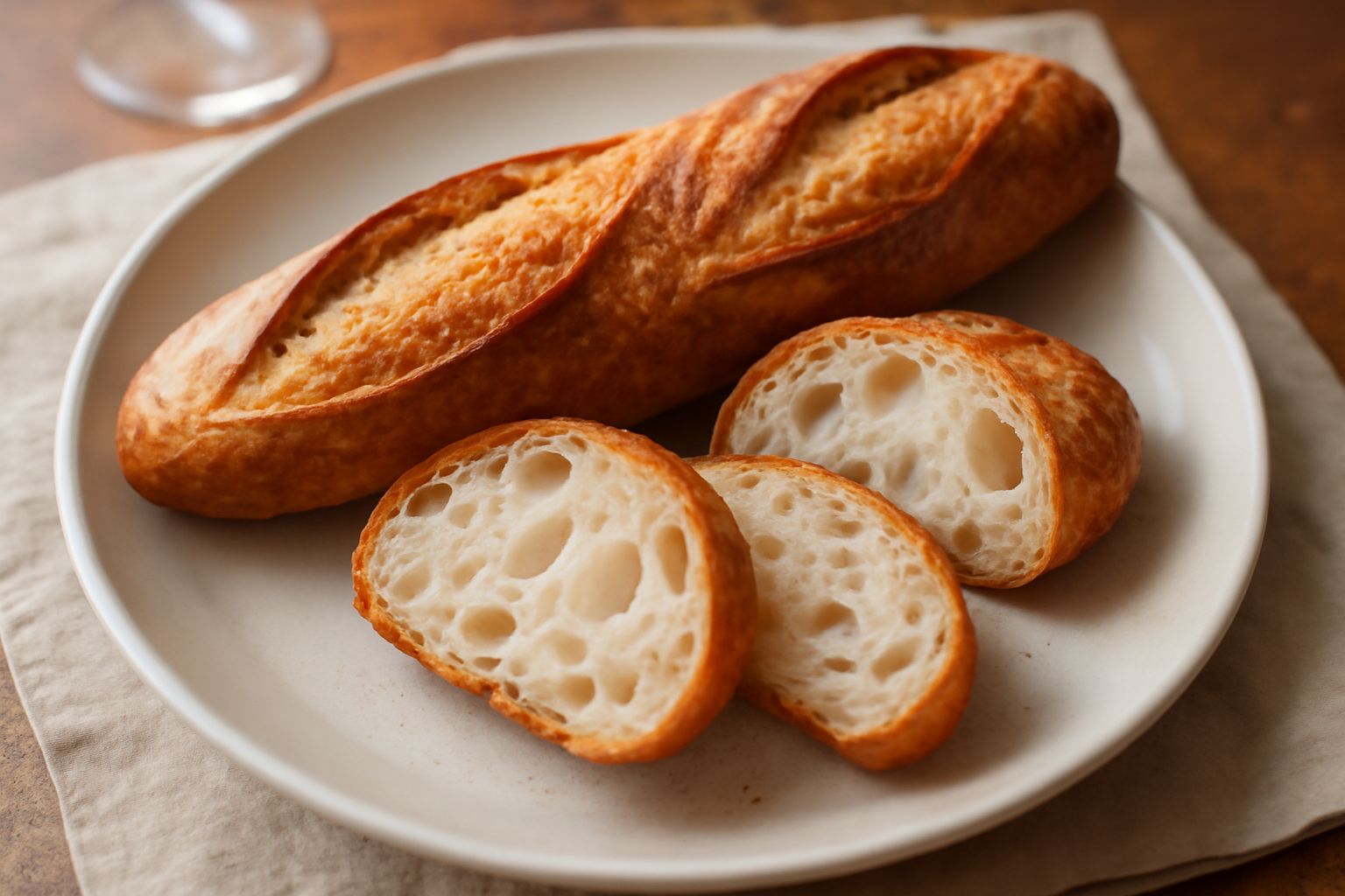Pane francese affettato su una tavola di legno con una crosta dorata e croccante, miga bianca e alveolata, accanto a un coltello da pane