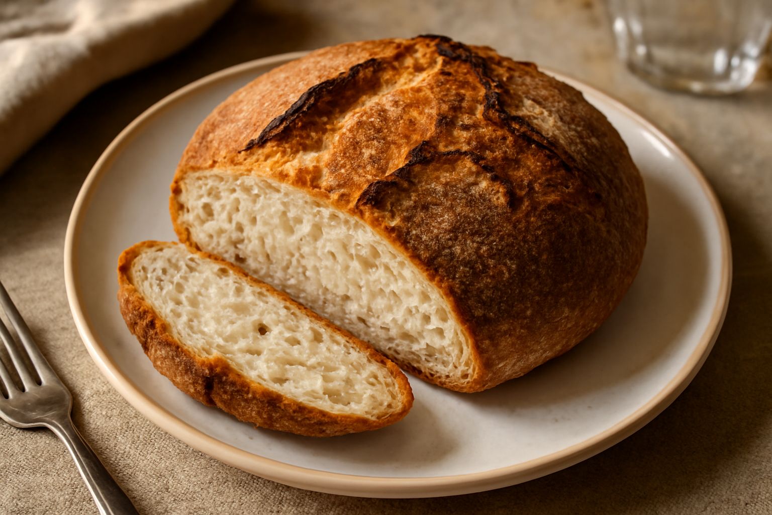 Pagnotta di pane friulano intera e affettata, con crosta dorata e spaccature naturali, miga bianca e porosa, posata su tela di lino beige con chicchi di grano sparsi attorno