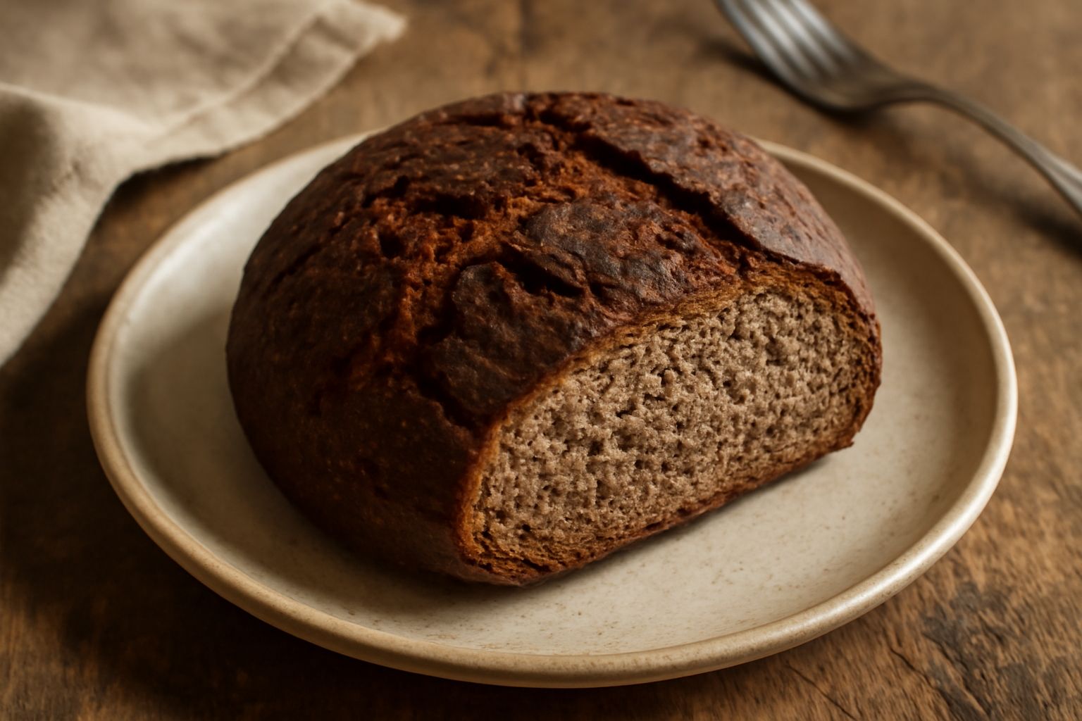 Pane goriziano di forma rotonda su un canovaccio bianco, con crosta marrone scuro rugosa e screpolata, tagliato a metà per mostrare l'interno compatto e umido di colore nocciola