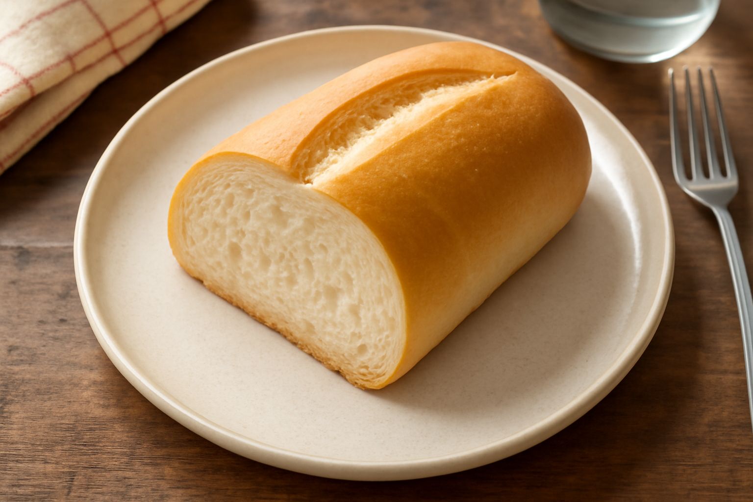 Pane tipo lombardo intero e a fette su un tavolo di legno, con crosta dorata sottile, mollica bianca e ariosa, tagliato per mostrare l'interno soffice e le bolle d'aria uniformi