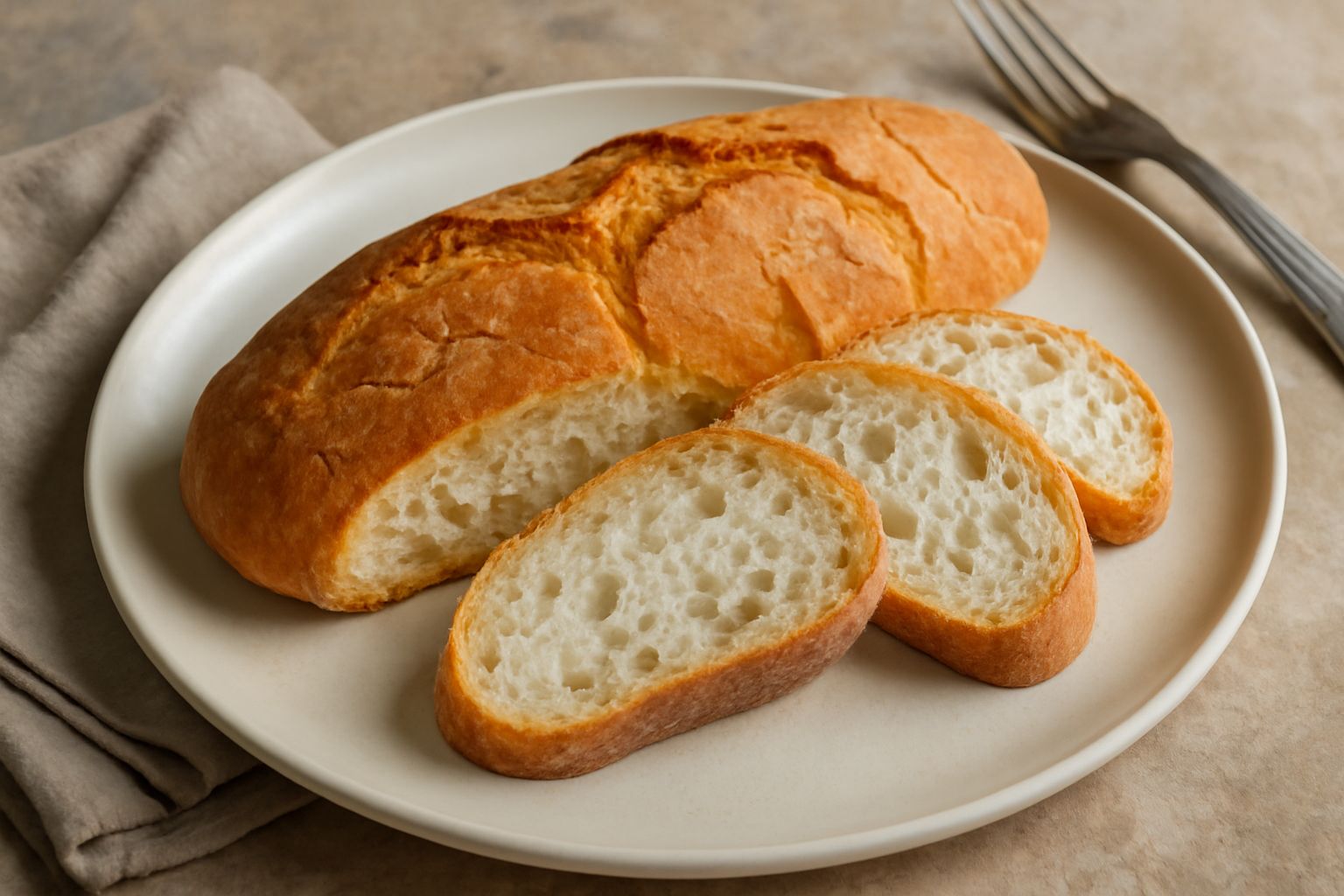 Pane tipo piemontese con crosta dorata e screpolata, tagliato a fette che mostrano mollica bianca e soffice con alveoli irregolari, poggiato su una tavola di legno
