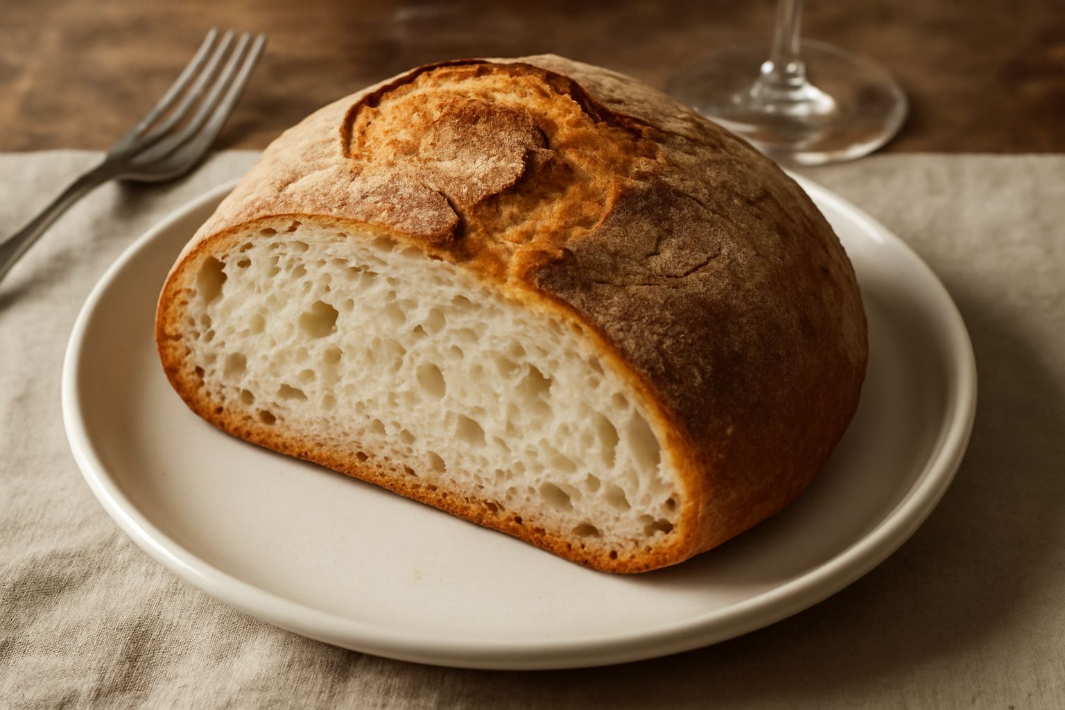 Pane tipo pugliese appena sfornato, con crosta dorata e screpolature naturali, posato su una tavola di legno, tagliato a metà per mostrare la mollica bianca e alveolata all'interno