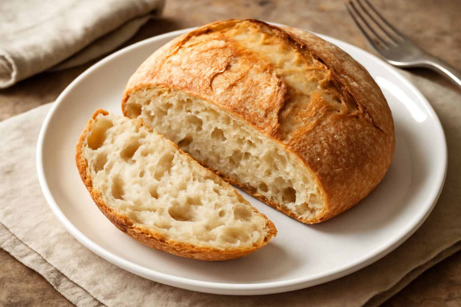 Pane romagnolo appena sfornato con crosta dorata e screpolature, spezzato per mostrare l'interno soffice e alveolato, su un panno di lino bianco