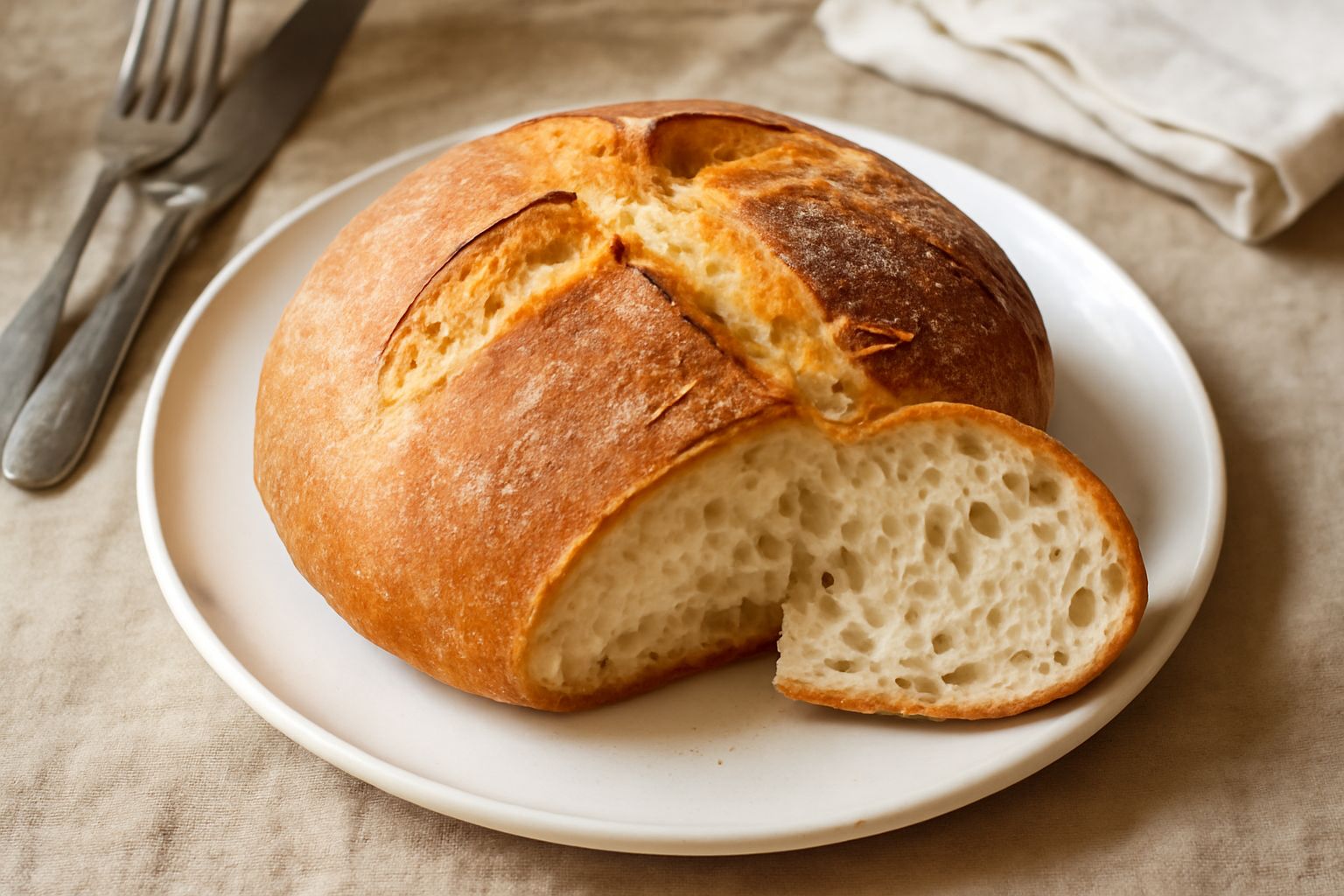 Pane siciliano appena sfornato con crosta dorata e croccante, tagliato a metà che mostra l'interno soffice e alveolato color panna, posato su una tavola di legno rustico