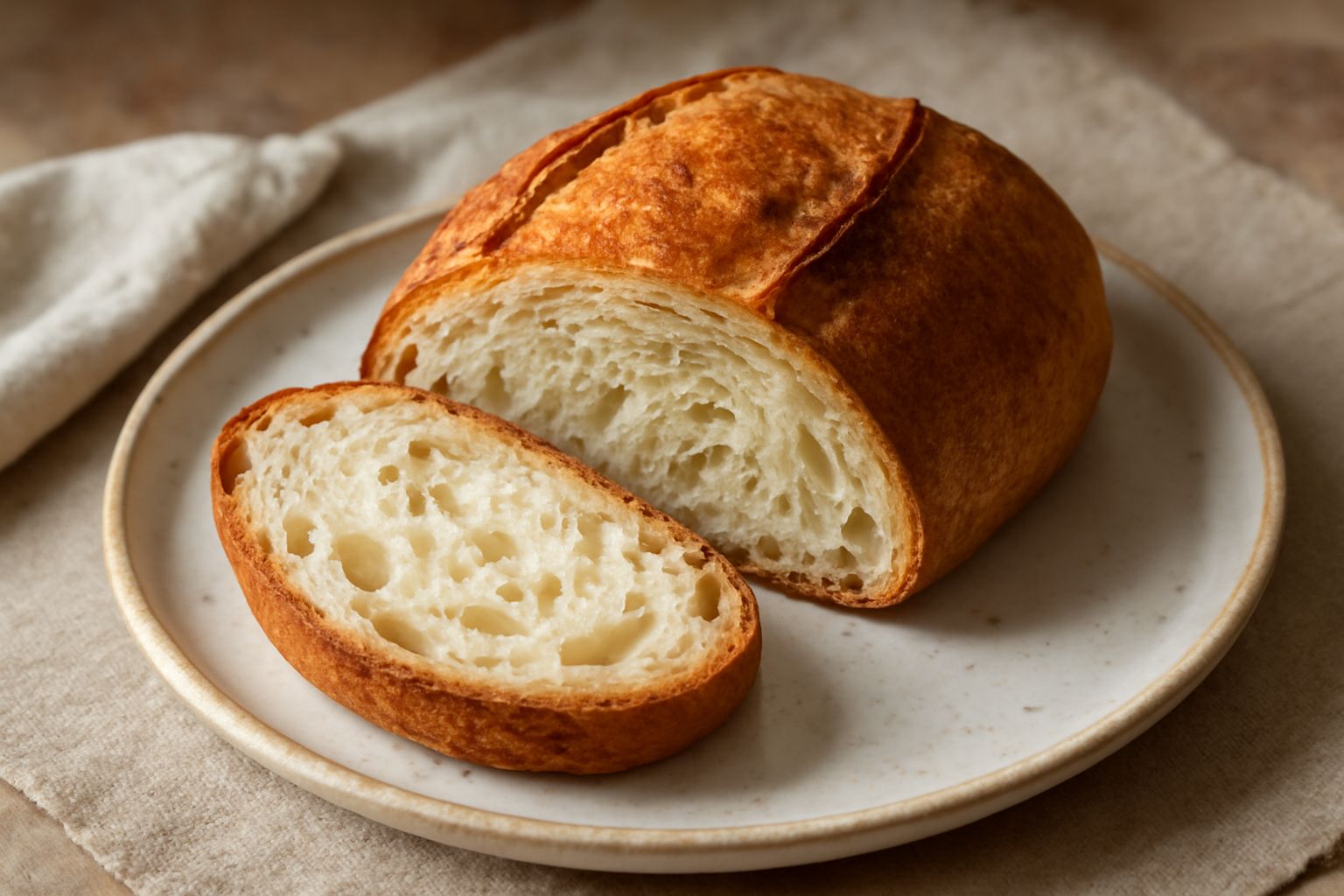 Pane triestino affettato su un tagliere di legno, con mollica bianca e soffice visibile nella sezione trasversale, crosta color nocciola medio-scuro, fette leggermente inclinate