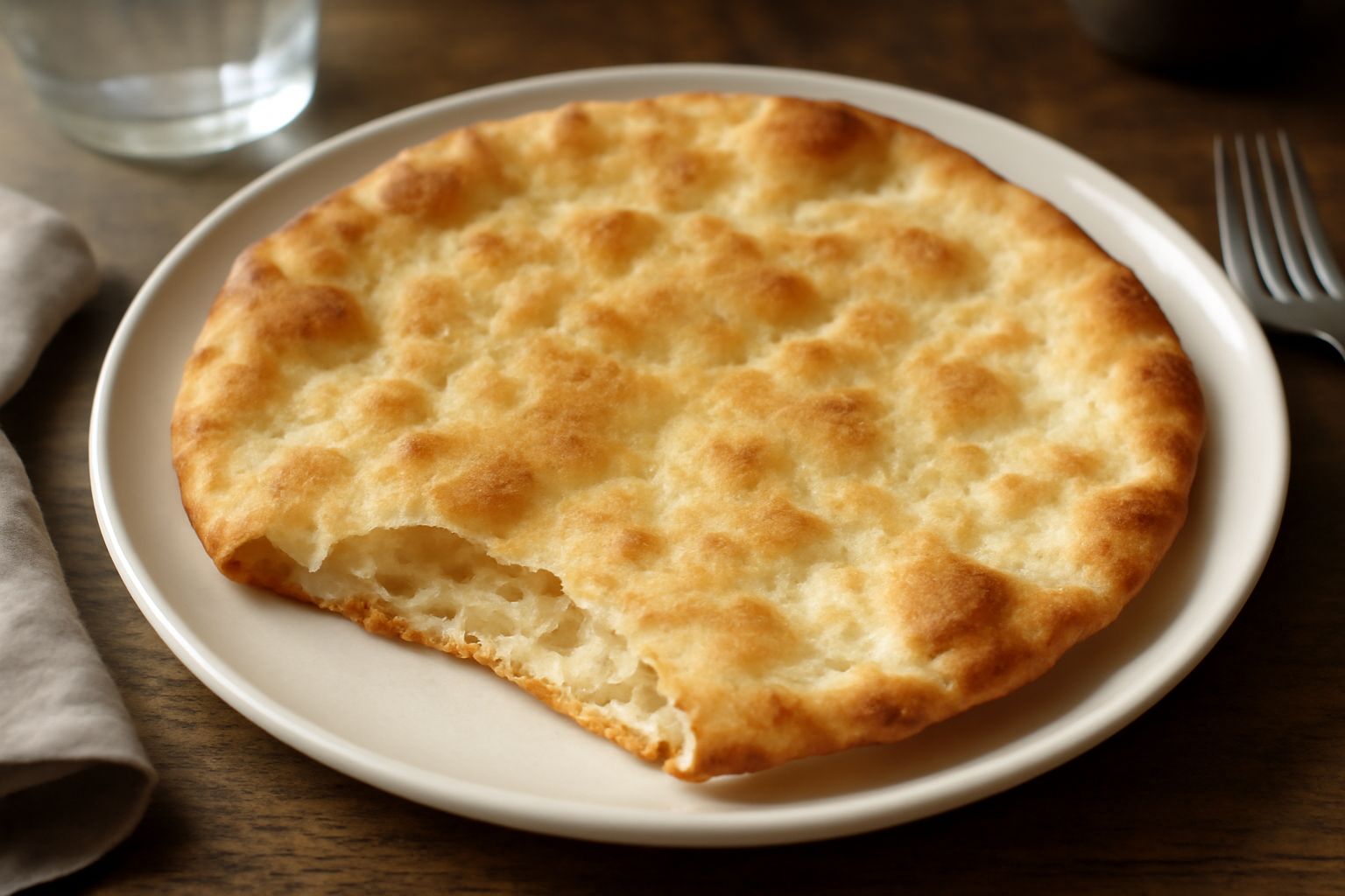 Pane tirato dorato e croccante, tagliato a rettangoli, posato su un tavolo di legno con farina sparsa intorno e un bicchiere d'acqua accanto