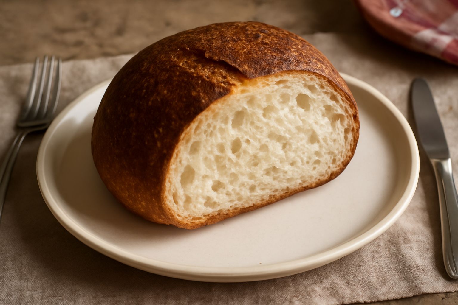 Pane tondo con crosta marrone dorata e screpolature, poggiato su panno bianco in lino, tagliato a metà per mostrare la miga bianca e soffice all'interno