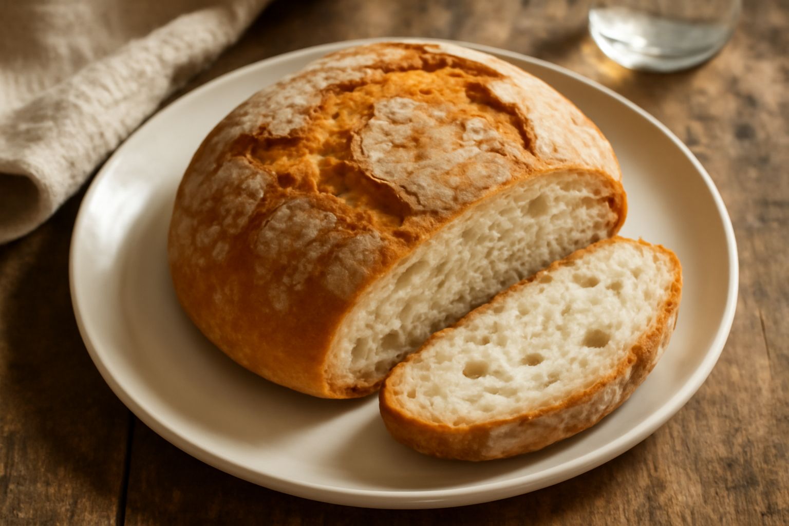 Pane tondo casereccio dorato con crosta scura e screpolature, appena sfornato su una tavola di legno, con una fetta accanto che mostra la mollica bianca e alveolata