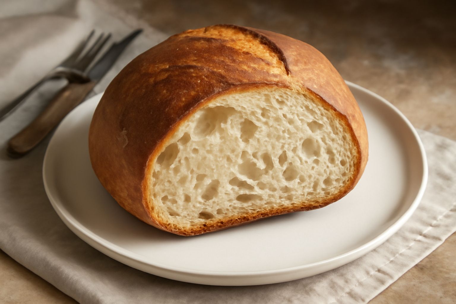 Pane tondo di Genzano appena sfornato, crosta dorata e croccante, forma perfettamente rotonda, tagliato a metà che mostra mollica bianca, soffice e alveolata